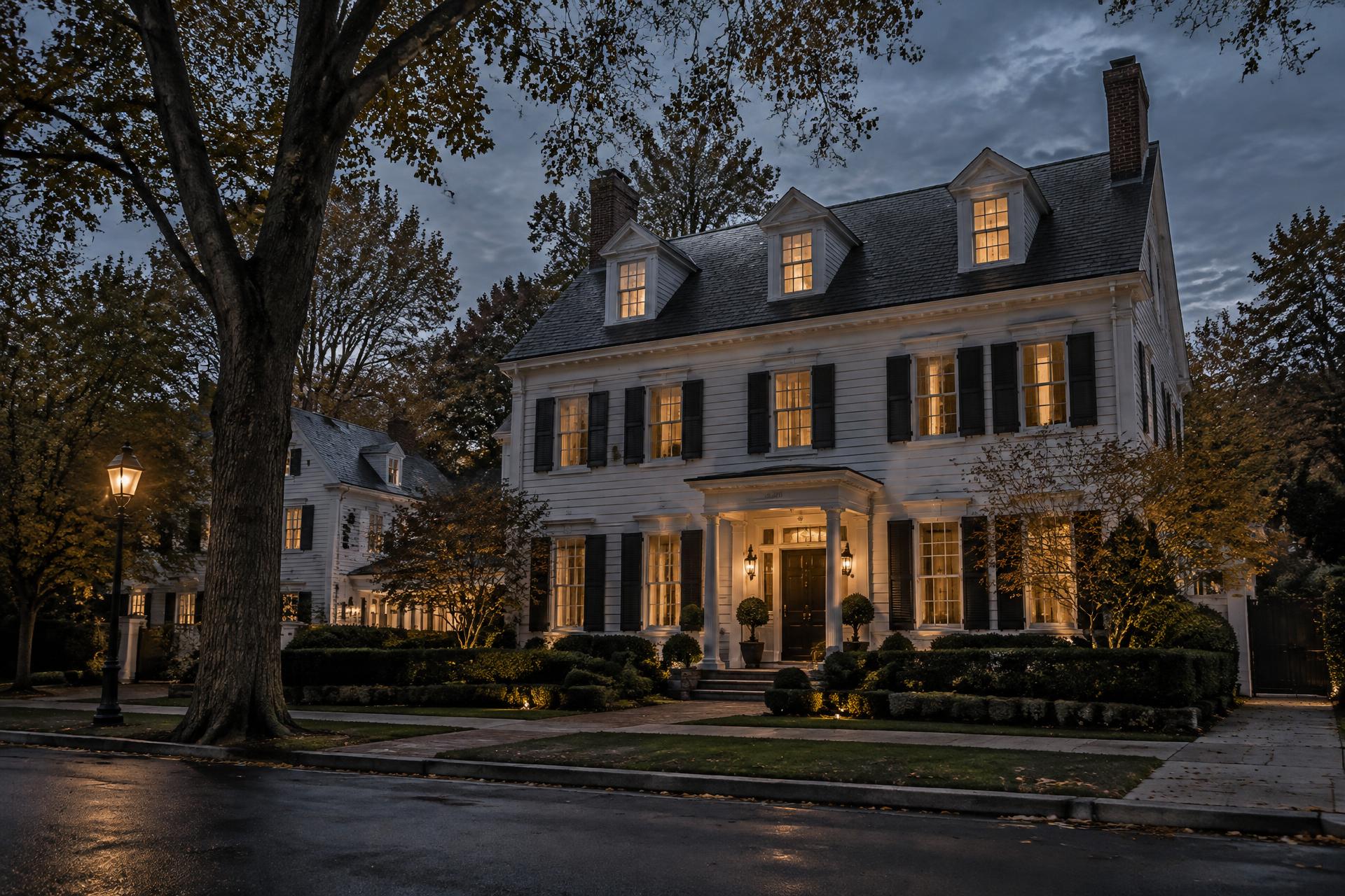 Historic estate at dusk in Haddonfield, New Jersey